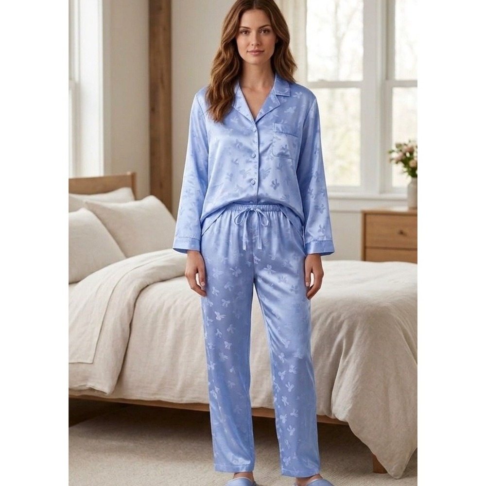 Kaye Jones Pajama Set Women's Sz 18 Satin Blue Sleepwear Loungewear Button Front